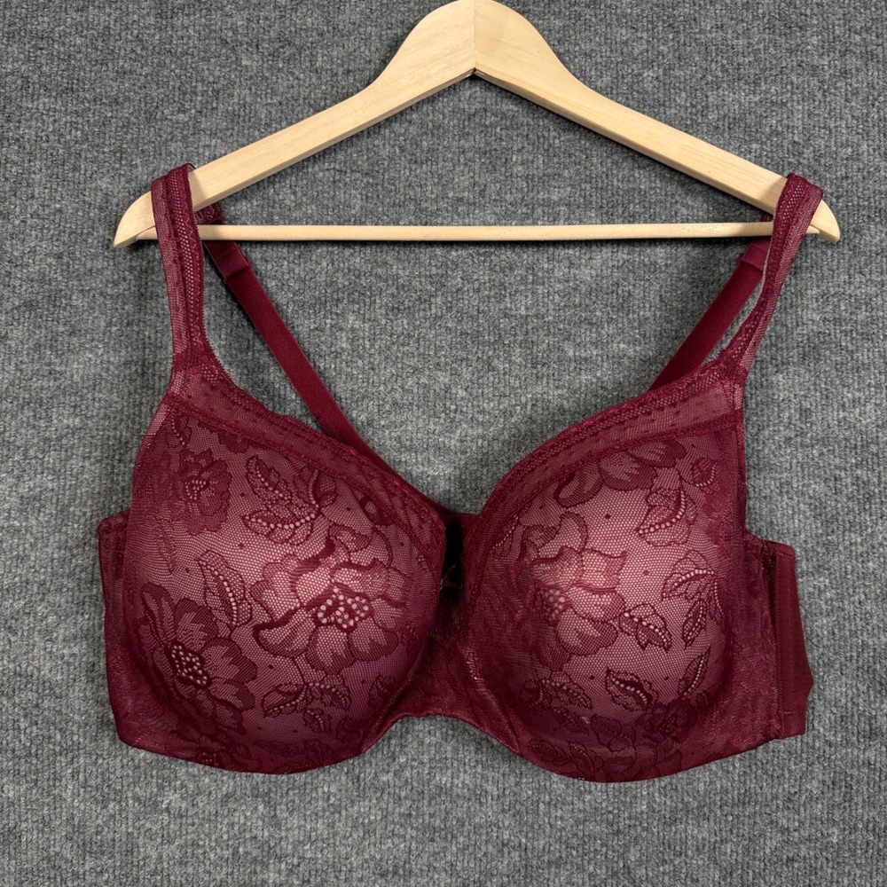 Cacique Plus Size 44DD T-Shirt Bra Maroon Floral Full Coverage Padded Underwire